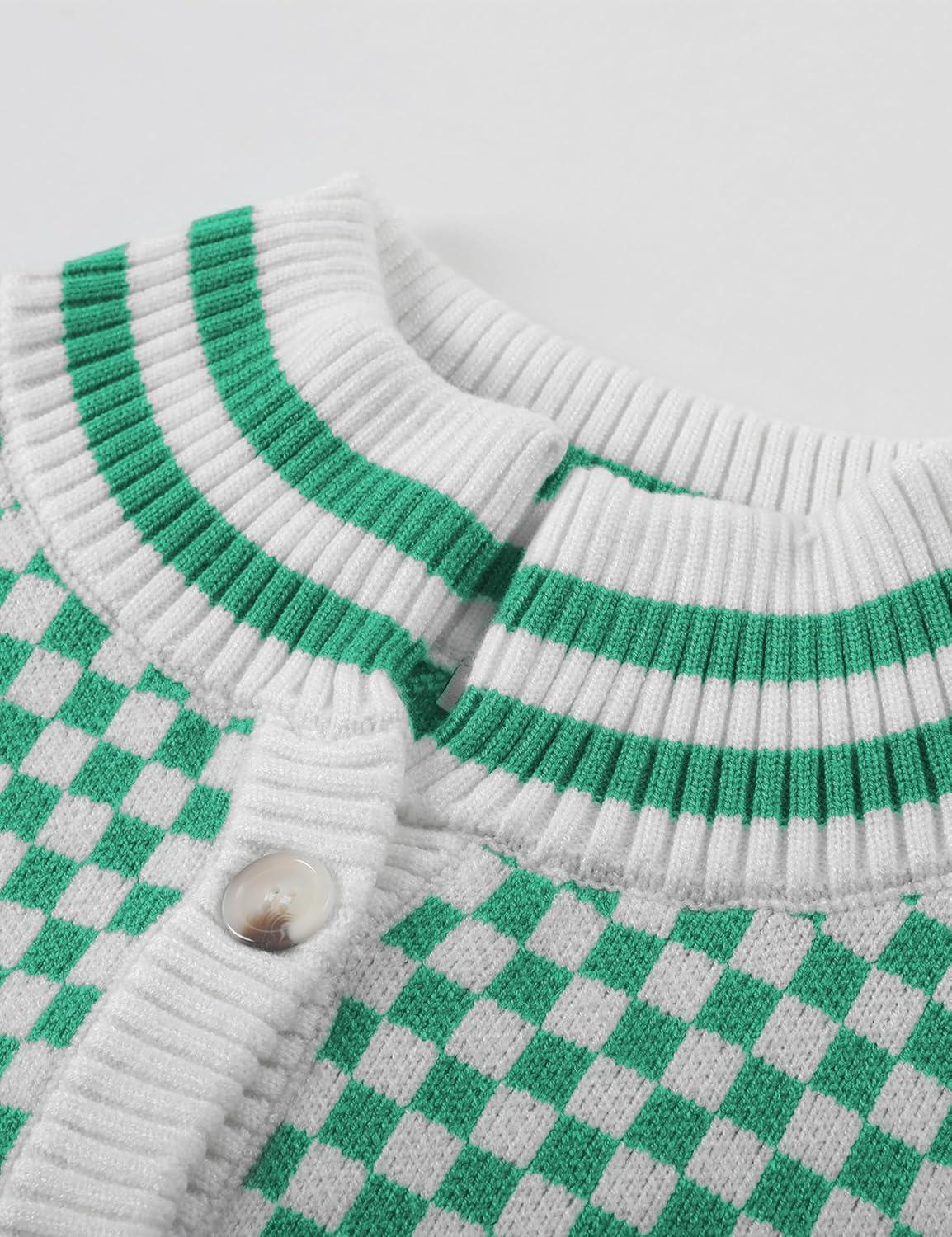 imageSpringrain Womens Checkered Cardigan Color Block Sweater Jackets Long Sleeve Button Knit Plaid Coats OutwearGreen
