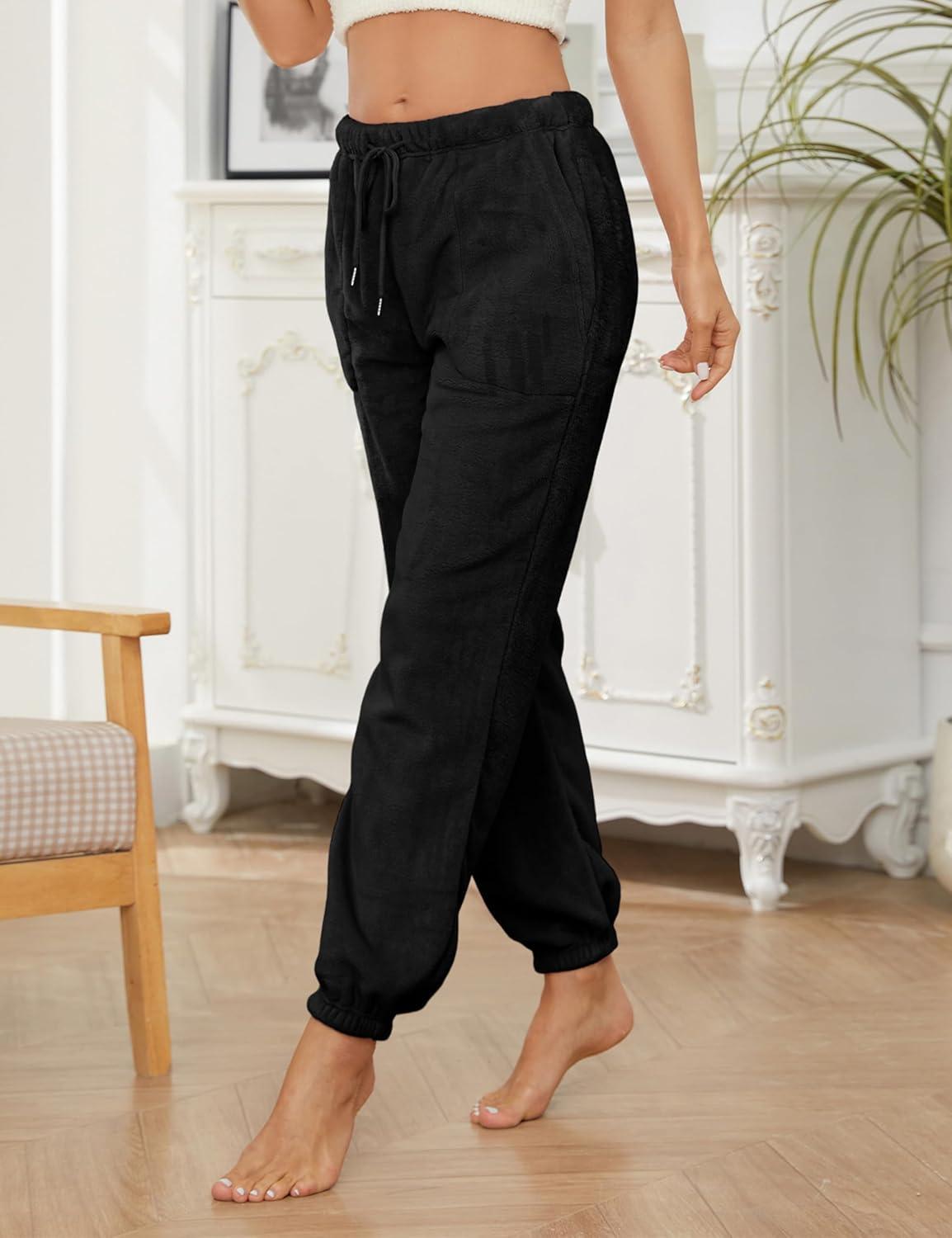 imageSpringrain Womens Fuzzy Pajama Pants Fluffy Lounge Warm Fleece PJ With PocketsBlack