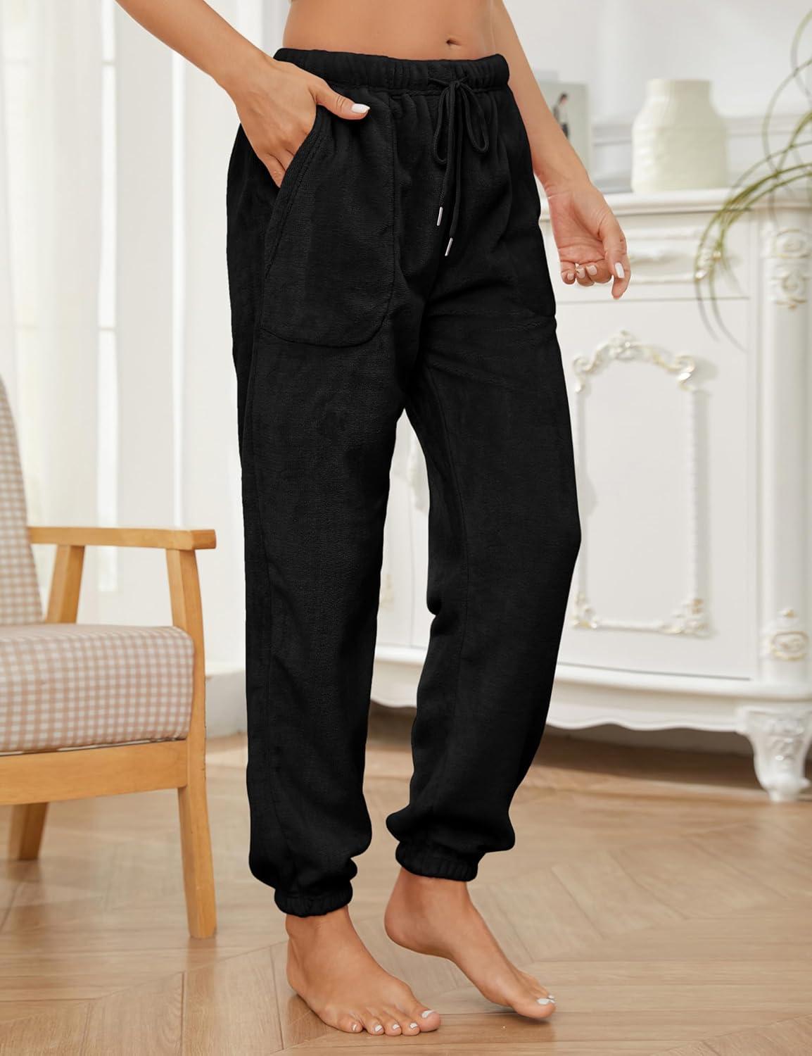 imageSpringrain Womens Fuzzy Pajama Pants Fluffy Lounge Warm Fleece PJ With PocketsBlack