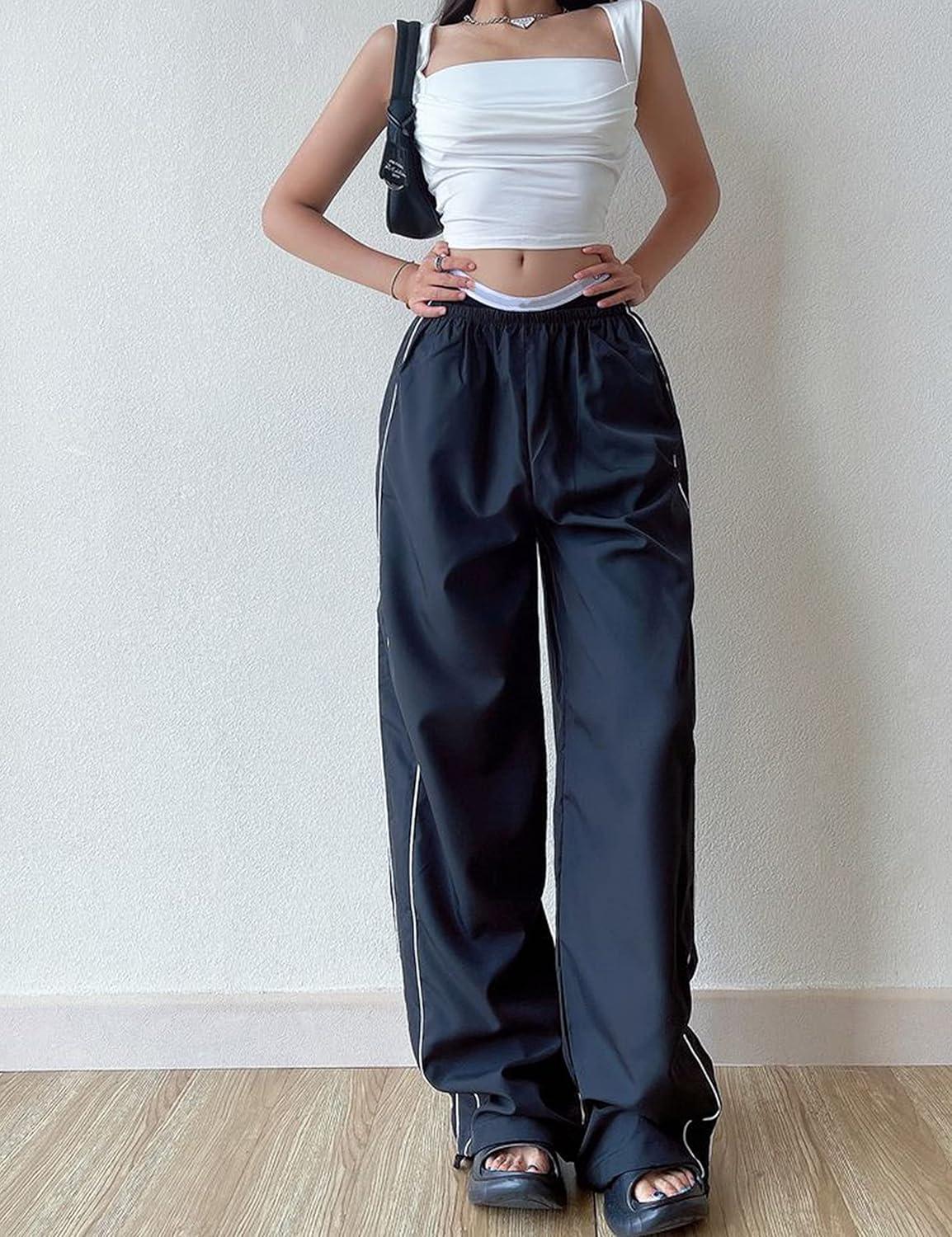 imageSpringrain Womens Wide Leg Track Pants Slouchy Stripe Detail Jogger Sweatpants with Pockets
