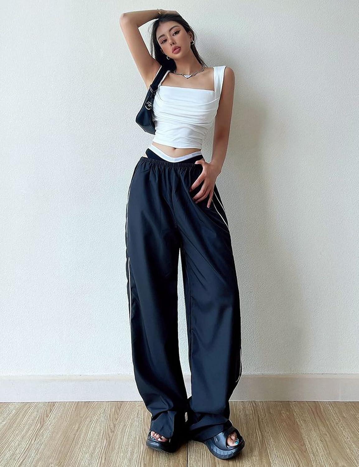 imageSpringrain Womens Wide Leg Track Pants Slouchy Stripe Detail Jogger Sweatpants with Pockets