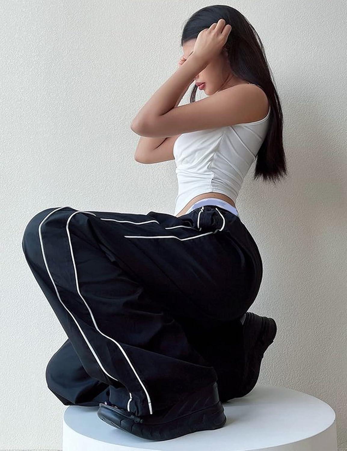 imageSpringrain Womens Wide Leg Track Pants Slouchy Stripe Detail Jogger Sweatpants with Pockets