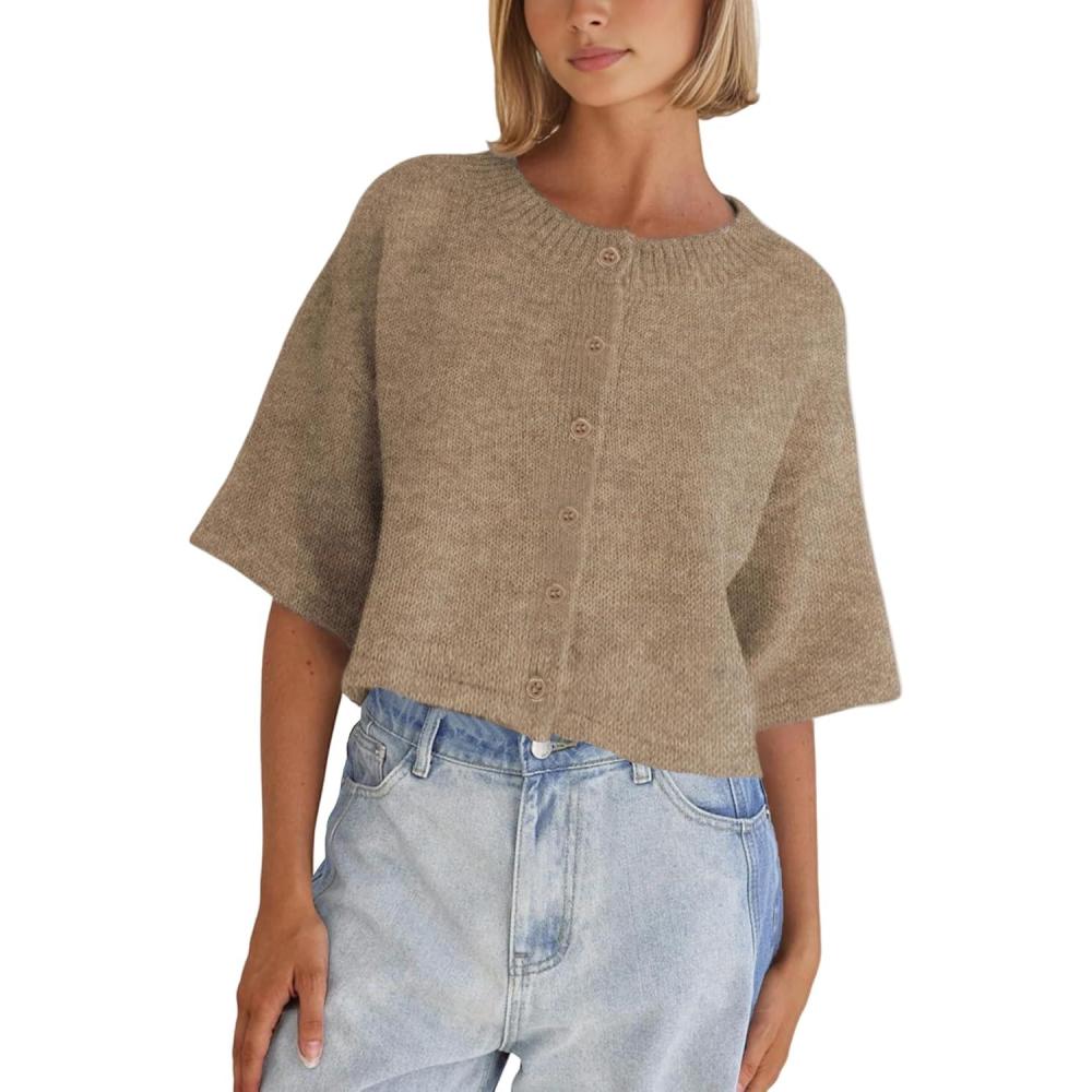 imageSpringrain Cardigan Sweaters for Women Lightweight Knit Cropped Cardigan Button Up Solid KnitwearCamel