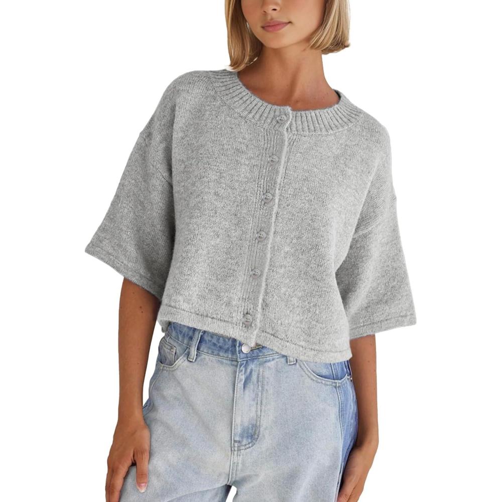 imageSpringrain Cardigan Sweaters for Women Lightweight Knit Cropped Cardigan Button Up Solid KnitwearLightgrey