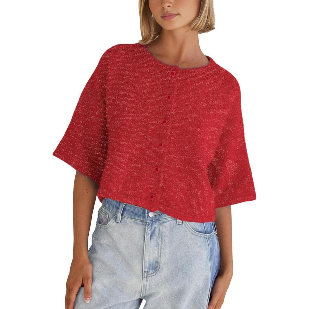 imageSpringrain Cardigan Sweaters for Women Lightweight Knit Cropped Cardigan Button Up Solid KnitwearRed