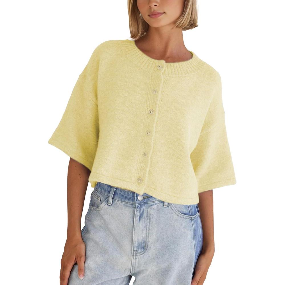 imageSpringrain Cardigan Sweaters for Women Lightweight Knit Cropped Cardigan Button Up Solid KnitwearYellow