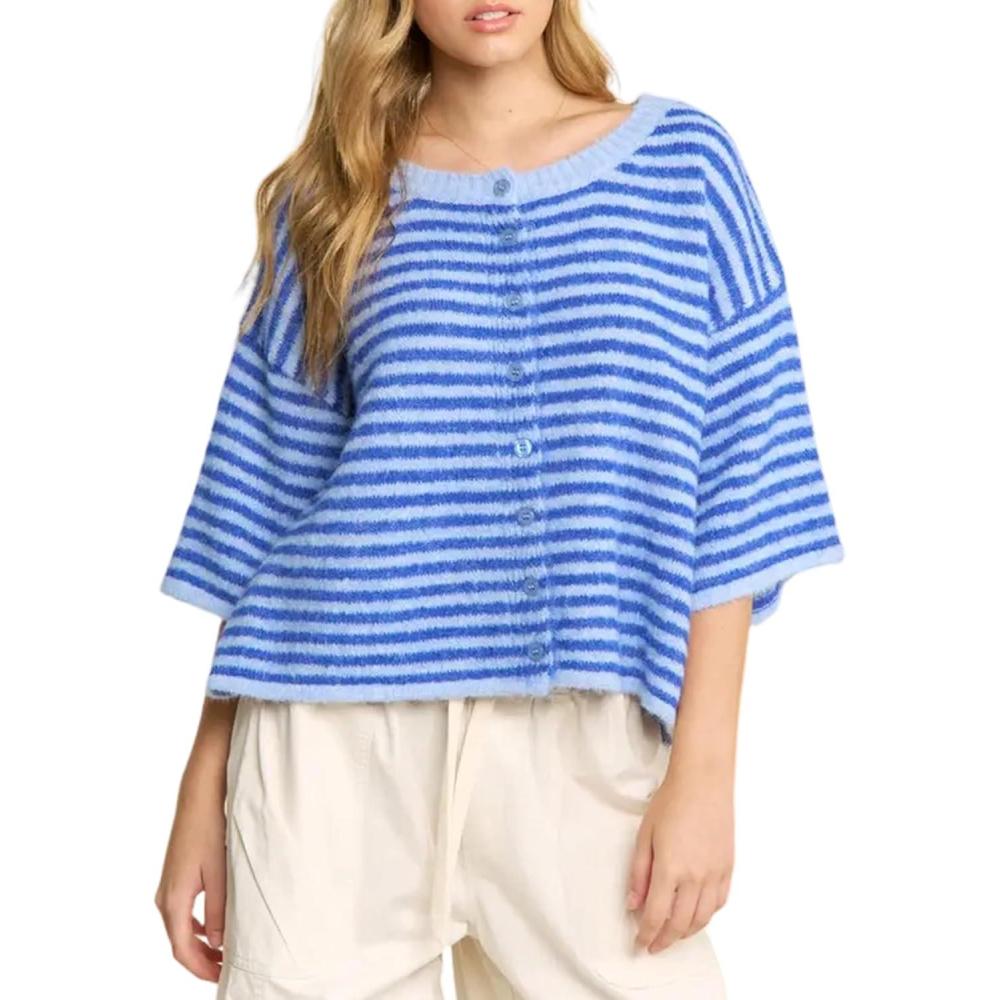 imageSpringrain Short Sleeve Cardigans for Women Lightweight Crewneck Striped Button Knit Cardigan Sweaters TopBlue