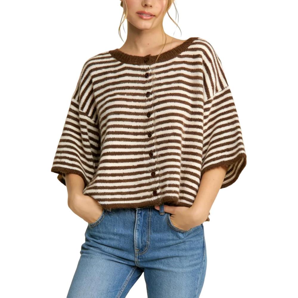 imageSpringrain Short Sleeve Cardigans for Women Lightweight Crewneck Striped Button Knit Cardigan Sweaters TopCoffee