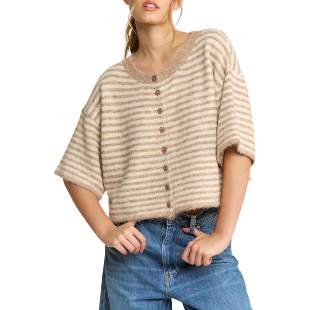 imageSpringrain Short Sleeve Cardigans for Women Lightweight Crewneck Striped Button Knit Cardigan Sweaters TopKhaki