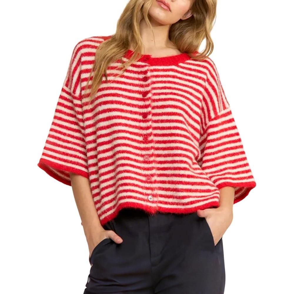 imageSpringrain Short Sleeve Cardigans for Women Lightweight Crewneck Striped Button Knit Cardigan Sweaters TopRed