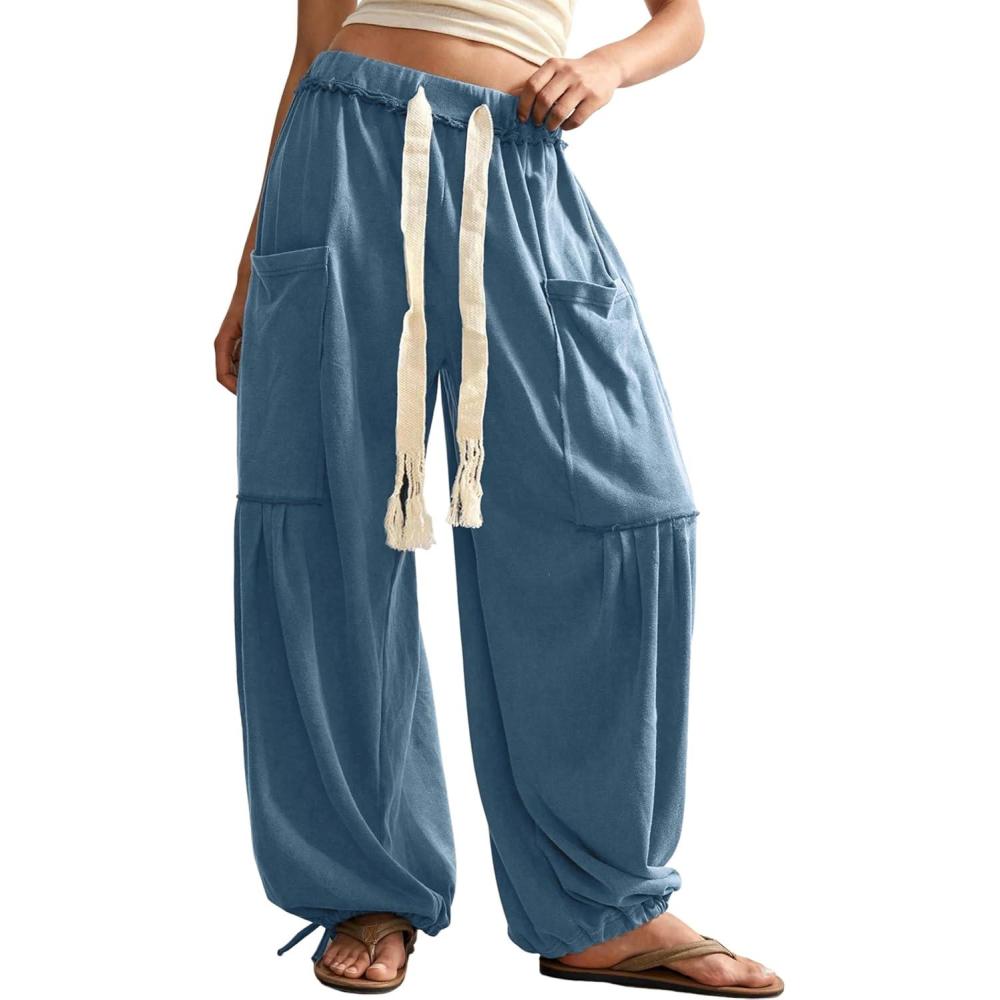 imageSpringrain Womens Baggy Wide Leg Pants Casual Drawstring Harem Pants Bohemian Trousers with Big PocketsDustyblue