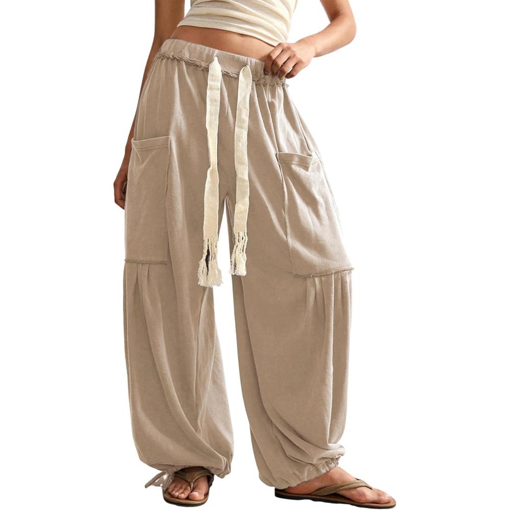imageSpringrain Womens Baggy Wide Leg Pants Casual Drawstring Harem Pants Bohemian Trousers with Big PocketsKhaki