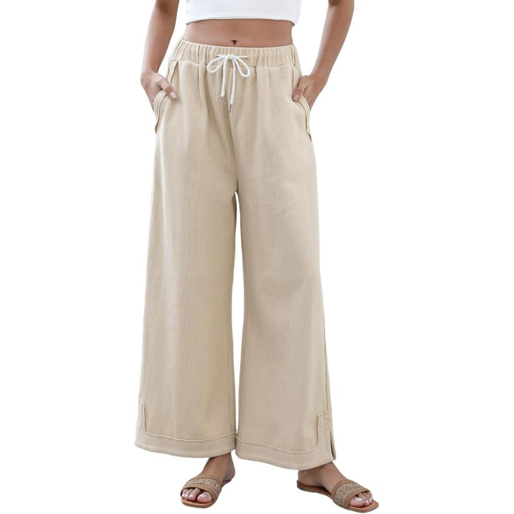 imageSpringrain Womens Baggy Wide Leg Pants Casual Loose Cotton Drawstring Elastic Waisted Palazzo Pants with PocketsBeige