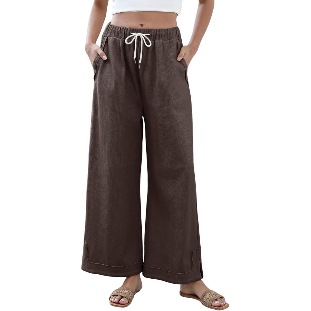 imageSpringrain Womens Baggy Wide Leg Pants Casual Loose Cotton Drawstring Elastic Waisted Palazzo Pants with PocketsCoffee