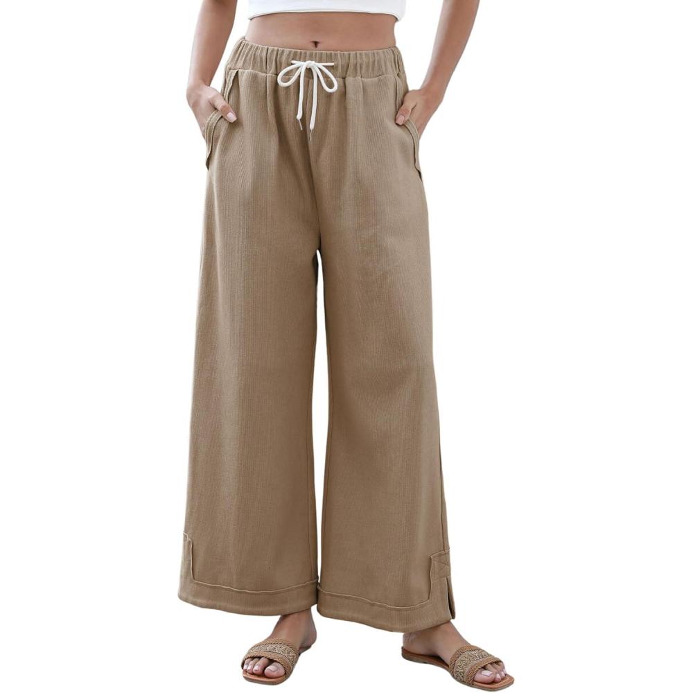 imageSpringrain Womens Baggy Wide Leg Pants Casual Loose Cotton Drawstring Elastic Waisted Palazzo Pants with PocketsKhaki