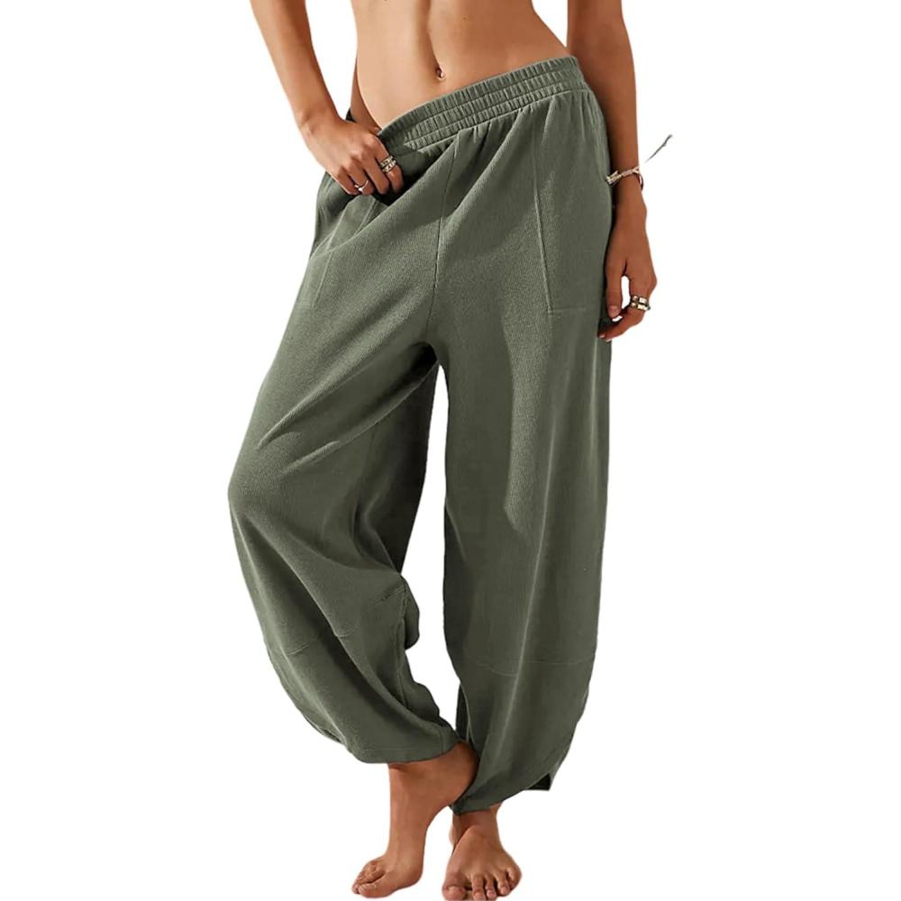 imageSpringrain Womens Baggy Wide Leg Pants Cotton Elastic Waisted Loose Palazzo Harem Pants with PocketsGreen