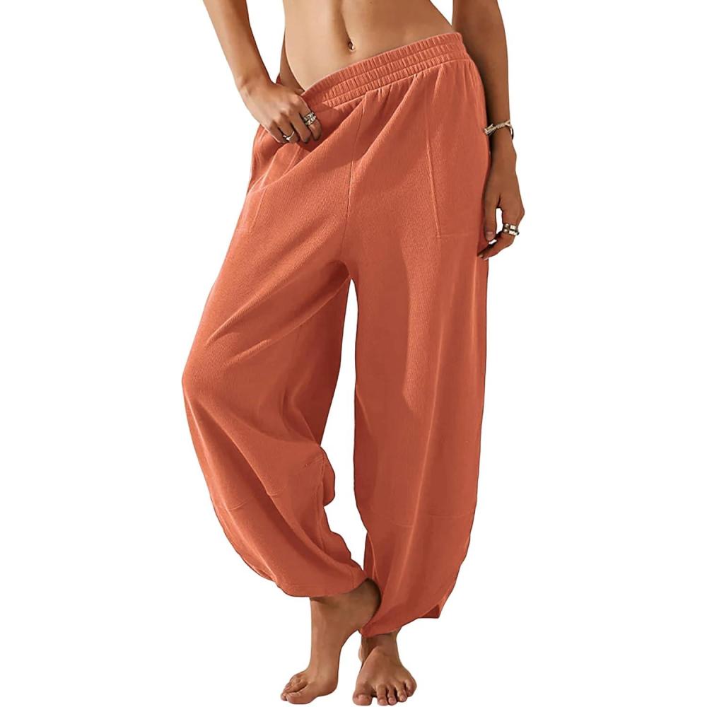 imageSpringrain Womens Baggy Wide Leg Pants Cotton Elastic Waisted Loose Palazzo Harem Pants with PocketsOrange