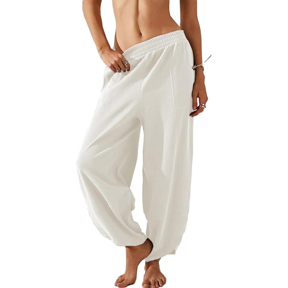 imageSpringrain Womens Baggy Wide Leg Pants Cotton Elastic Waisted Loose Palazzo Harem Pants with PocketsWhite
