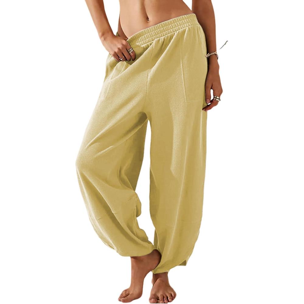imageSpringrain Womens Baggy Wide Leg Pants Cotton Elastic Waisted Loose Palazzo Harem Pants with PocketsYellow