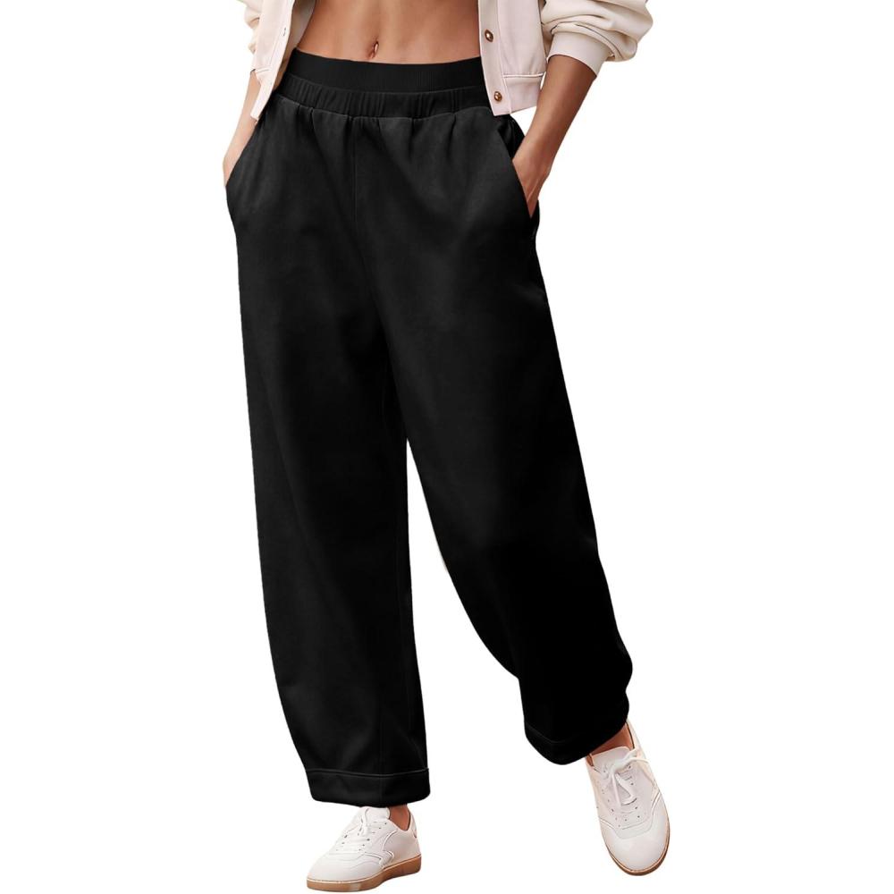 imageSpringrain Womens Barrel Sweatpants High Waisted Wide Leg Pants Casual Cotton Lounge Trousers with PocketsBlack
