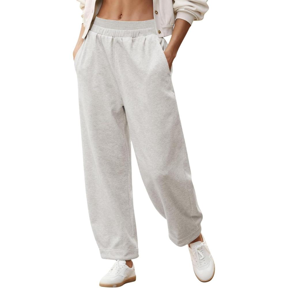imageSpringrain Womens Barrel Sweatpants High Waisted Wide Leg Pants Casual Cotton Lounge Trousers with PocketsHeather White