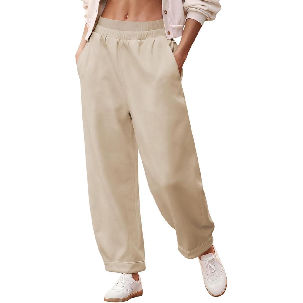 imageSpringrain Womens Barrel Sweatpants High Waisted Wide Leg Pants Casual Cotton Lounge Trousers with PocketsKhaki