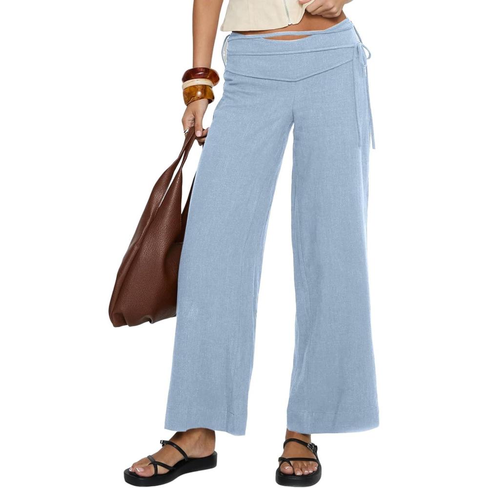 imageSpringrain Womens Cotton Linen Pants Summer Y2k Tie up Waist Pants Casual Wide Leg Beach Trousers StreetwearBlue