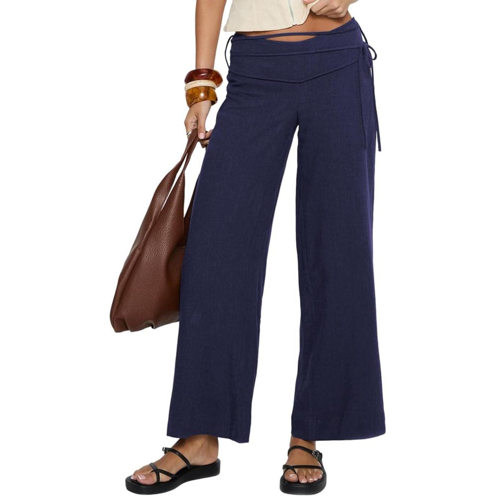 imageSpringrain Womens Cotton Linen Pants Summer Y2k Tie up Waist Pants Casual Wide Leg Beach Trousers StreetwearNavy