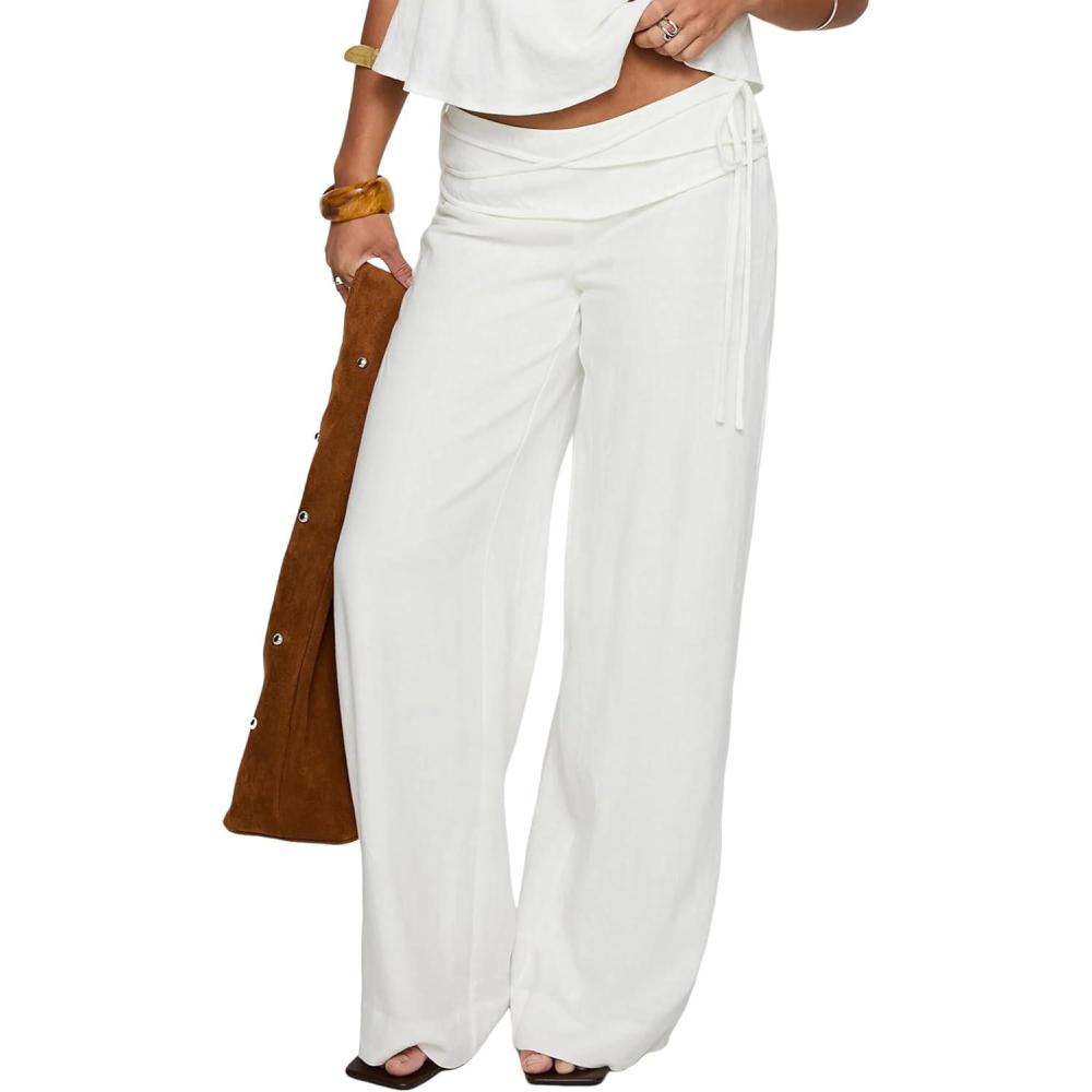 imageSpringrain Womens Cotton Linen Pants Summer Y2k Tie up Waist Pants Casual Wide Leg Beach Trousers StreetwearWhite