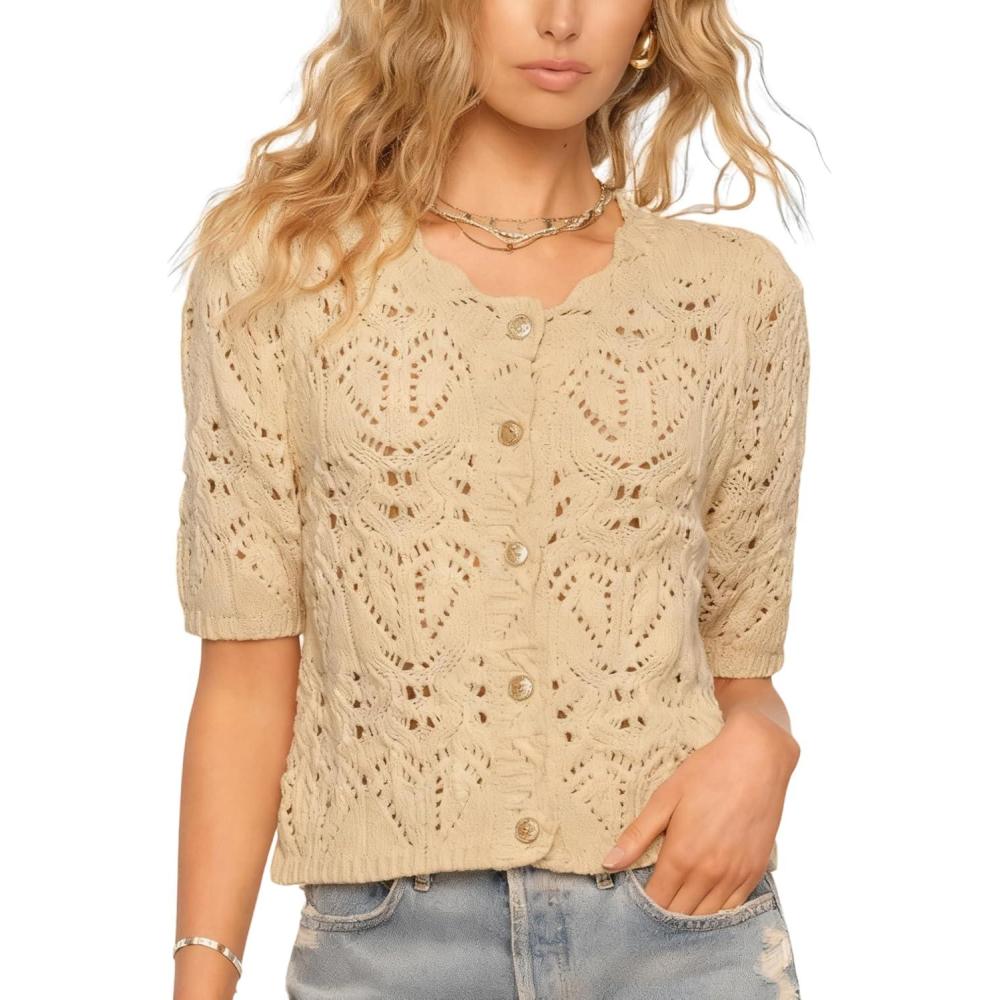 imageSpringrain Womens Crochet Cardigan Short Sleeve Hollow Out Knit Top Cropped Button Down Sweater ShirtKhaki
