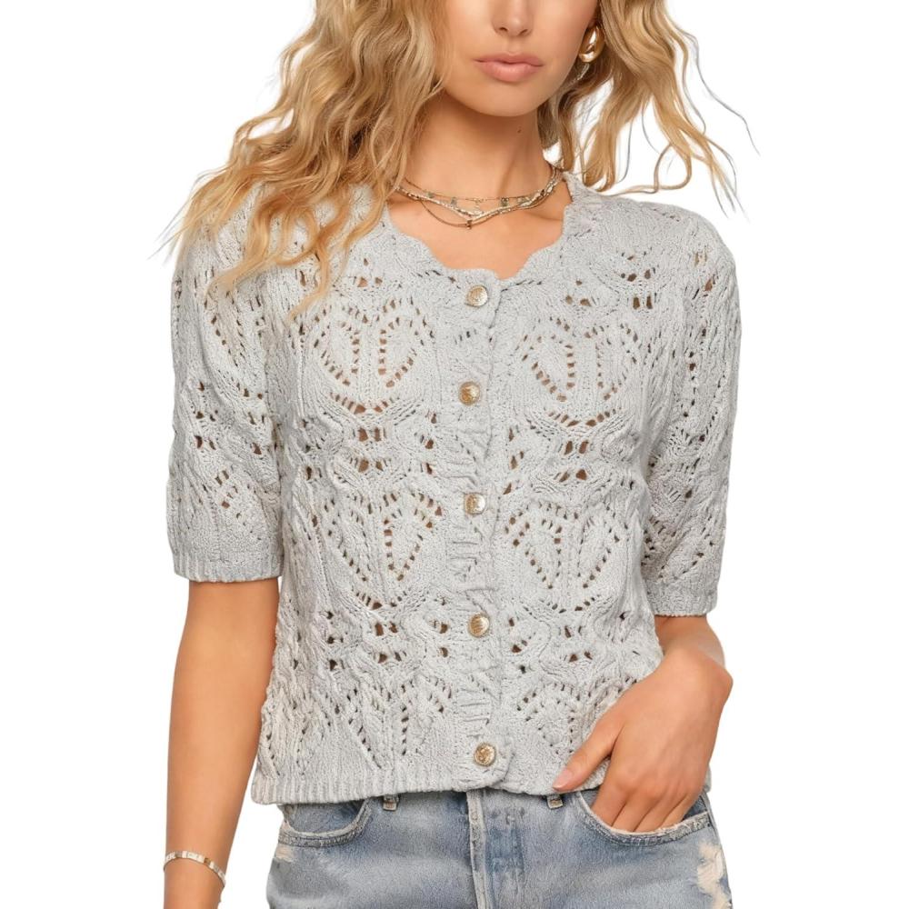 imageSpringrain Womens Crochet Cardigan Short Sleeve Hollow Out Knit Top Cropped Button Down Sweater ShirtLightgrey