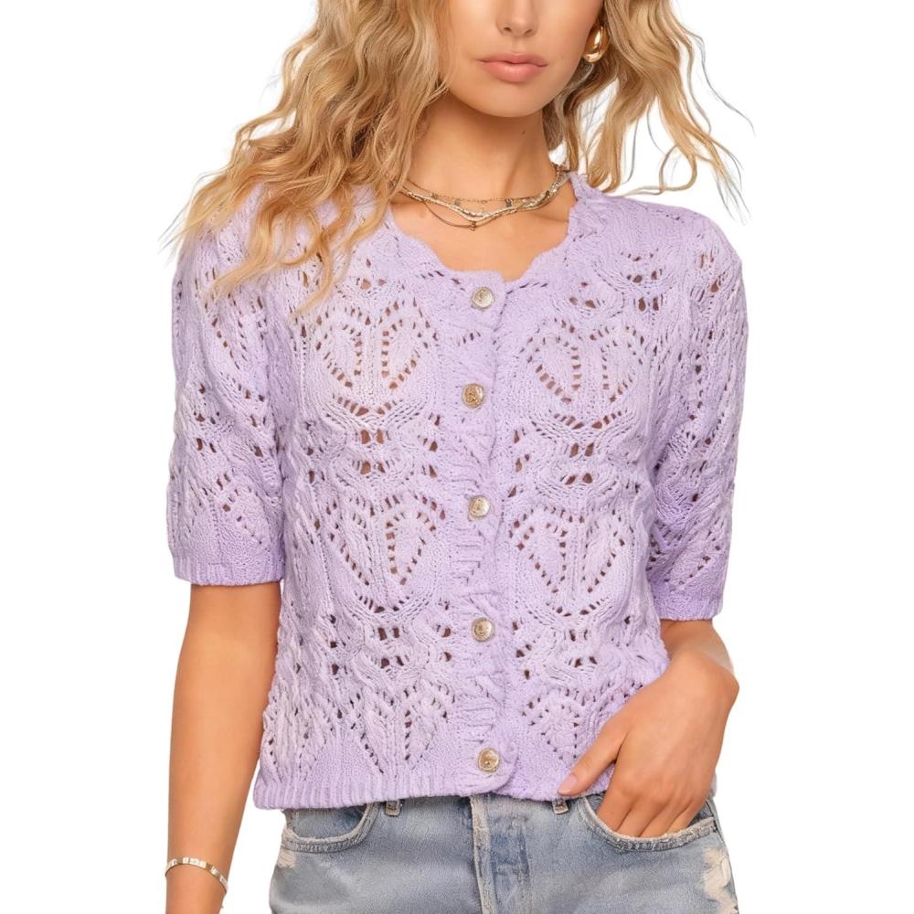 imageSpringrain Womens Crochet Cardigan Short Sleeve Hollow Out Knit Top Cropped Button Down Sweater ShirtPurple