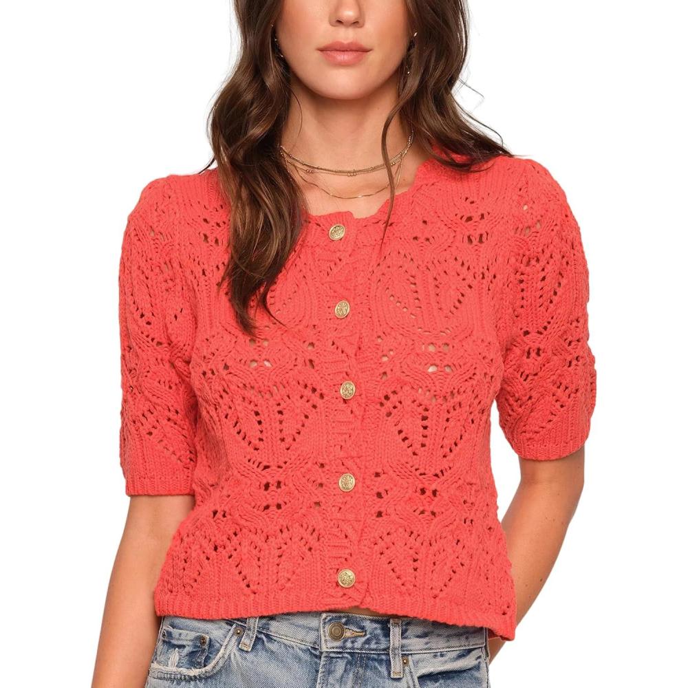 imageSpringrain Womens Crochet Cardigan Short Sleeve Hollow Out Knit Top Cropped Button Down Sweater ShirtRed