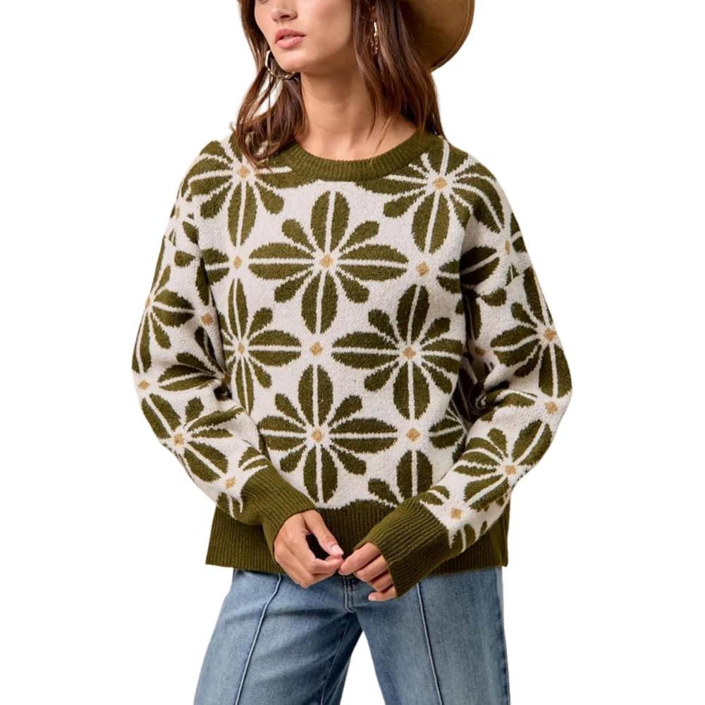 imageSpringrain Womens Floral Printed Sweater Casual Long Sleeve Knit Top Crew Neck Sweaters PulloverArmygreen