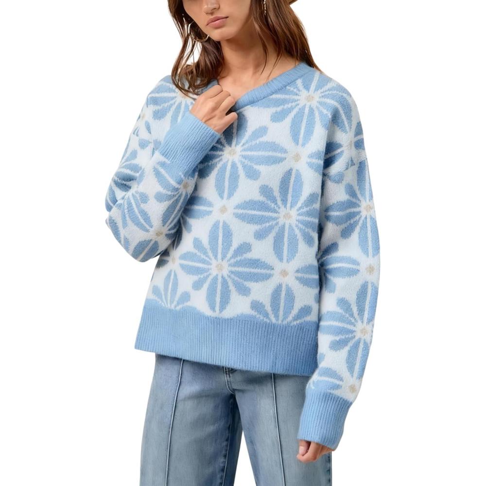 imageSpringrain Womens Floral Printed Sweater Casual Long Sleeve Knit Top Crew Neck Sweaters PulloverBlue
