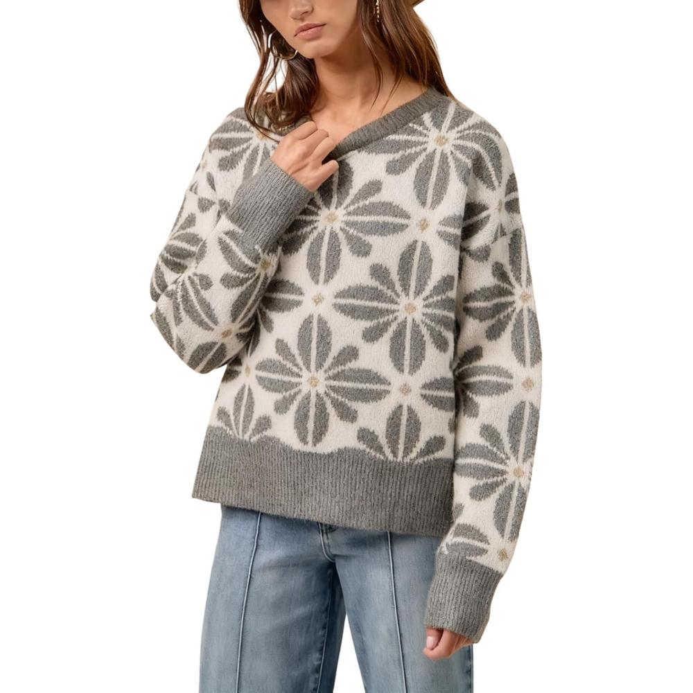 imageSpringrain Womens Floral Printed Sweater Casual Long Sleeve Knit Top Crew Neck Sweaters PulloverGrey