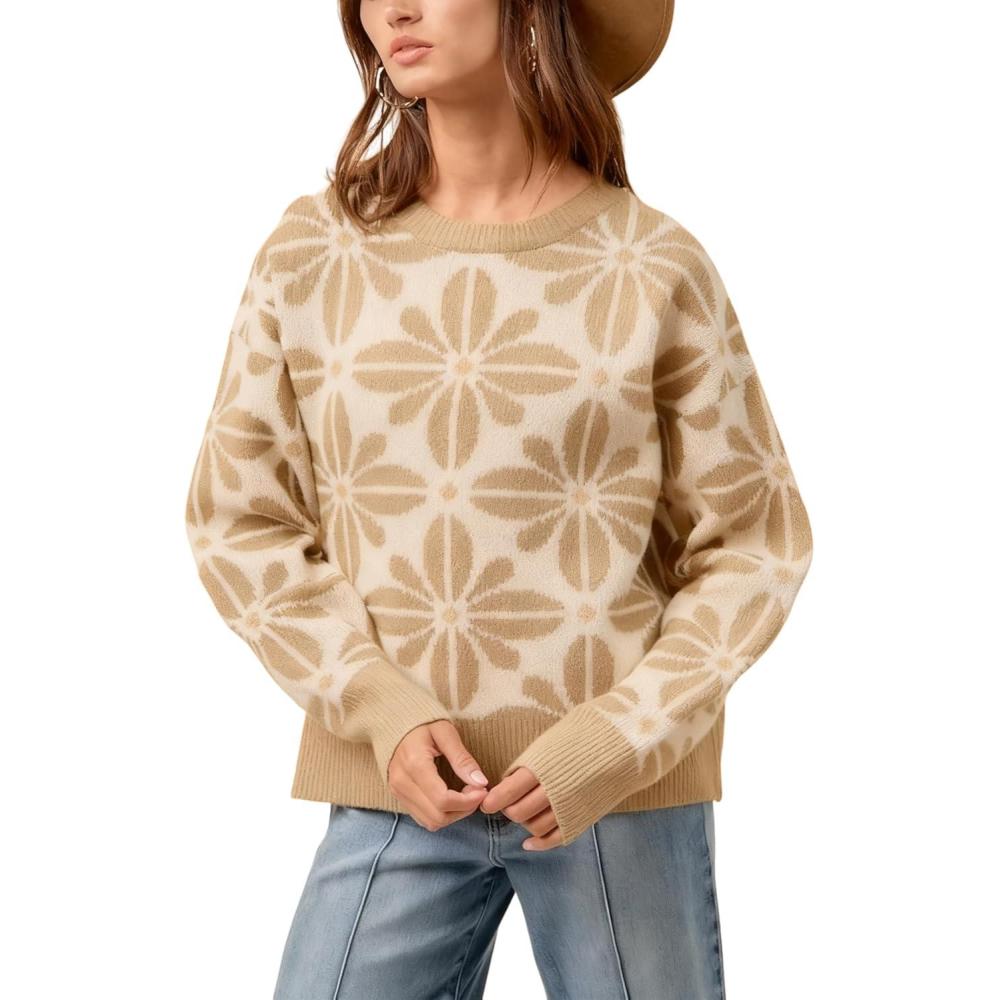 imageSpringrain Womens Floral Printed Sweater Casual Long Sleeve Knit Top Crew Neck Sweaters PulloverKhaki