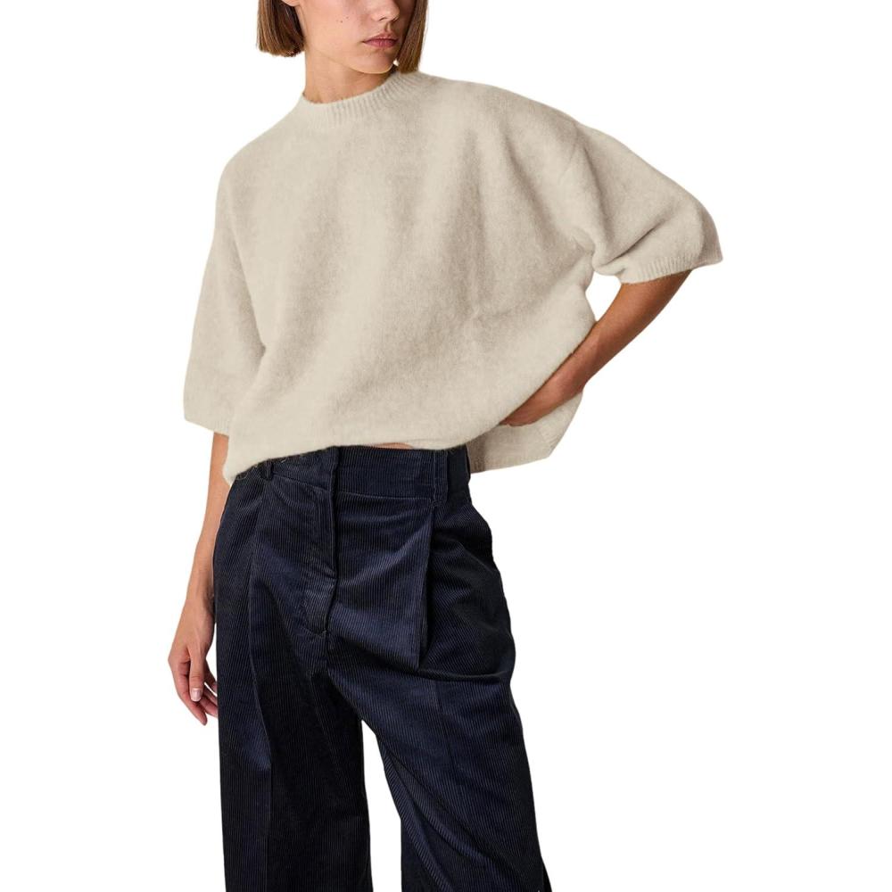 imageSpringrain Womens Half Sleeve Sweater Casual Crew Neck Sweater Lightweight Basic Knit Tops PulloverBeige