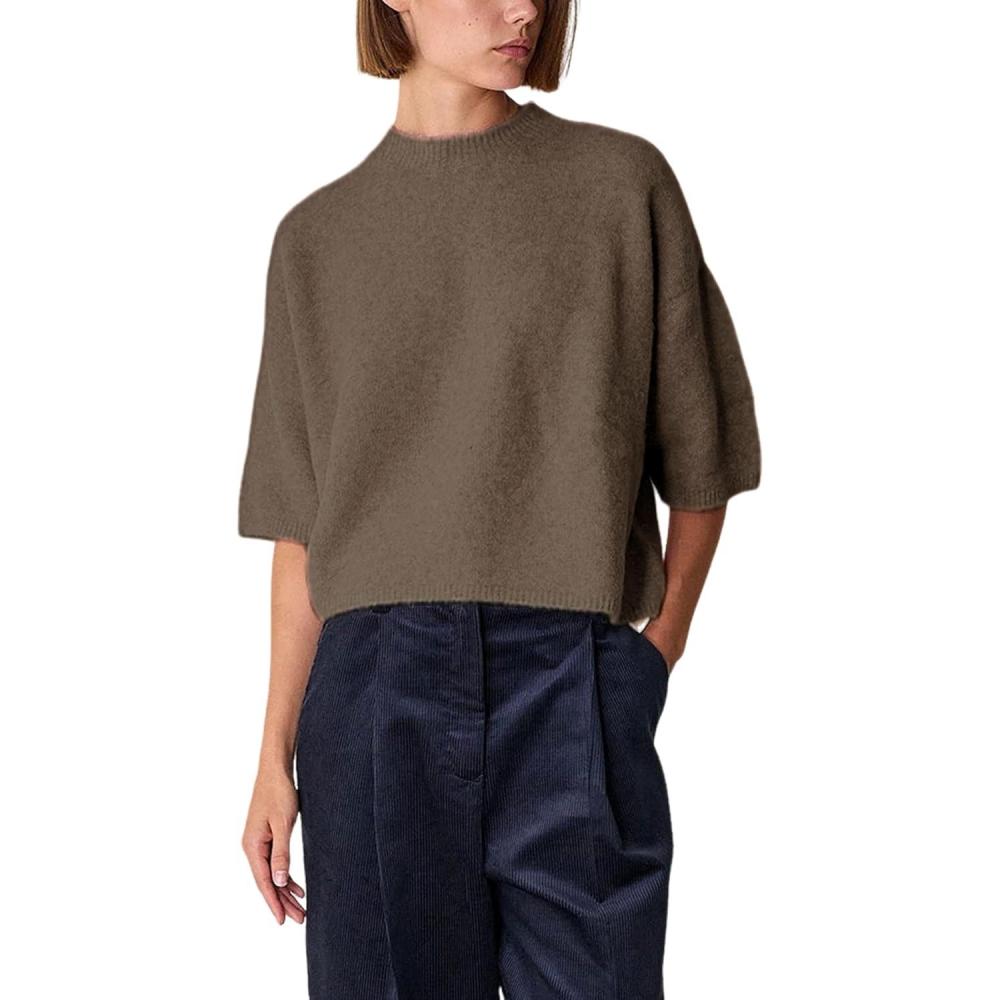 imageSpringrain Womens Half Sleeve Sweater Casual Crew Neck Sweater Lightweight Basic Knit Tops PulloverBrown