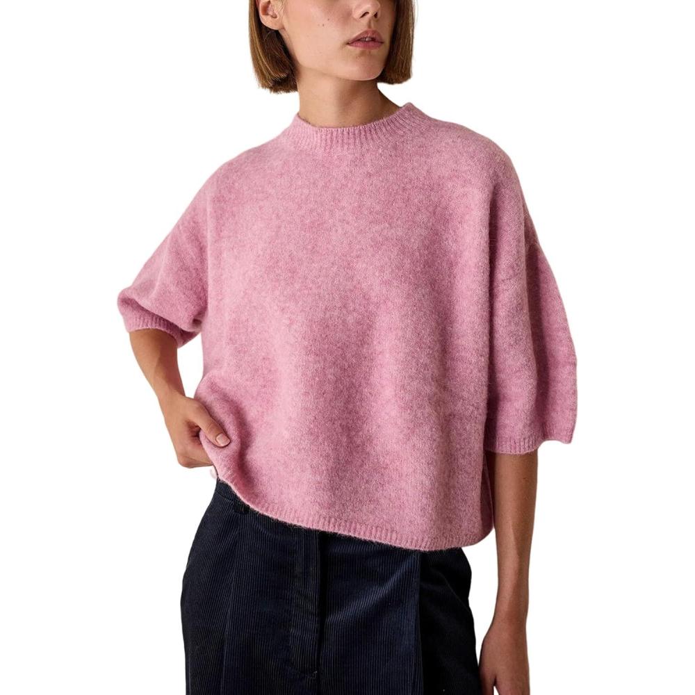 imageSpringrain Womens Half Sleeve Sweater Casual Crew Neck Sweater Lightweight Basic Knit Tops PulloverPink