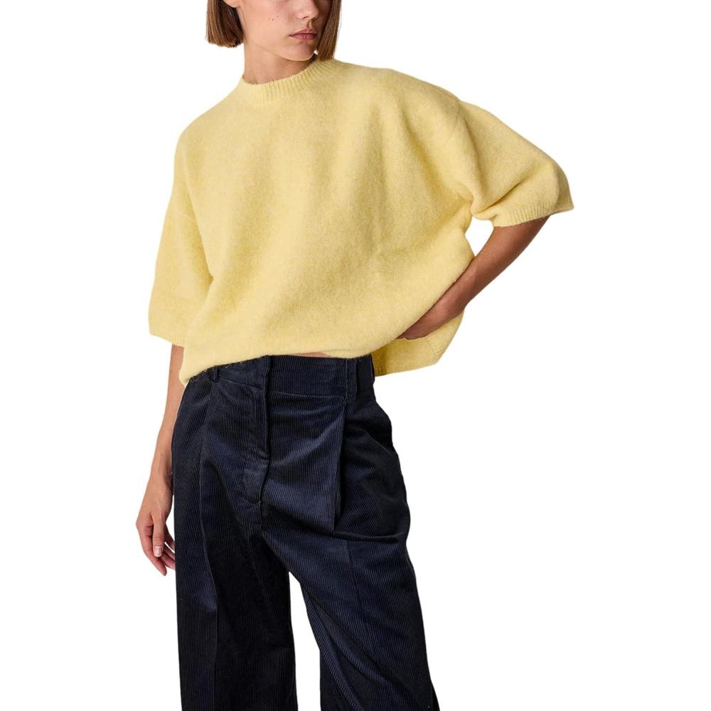 imageSpringrain Womens Half Sleeve Sweater Casual Crew Neck Sweater Lightweight Basic Knit Tops PulloverYellow