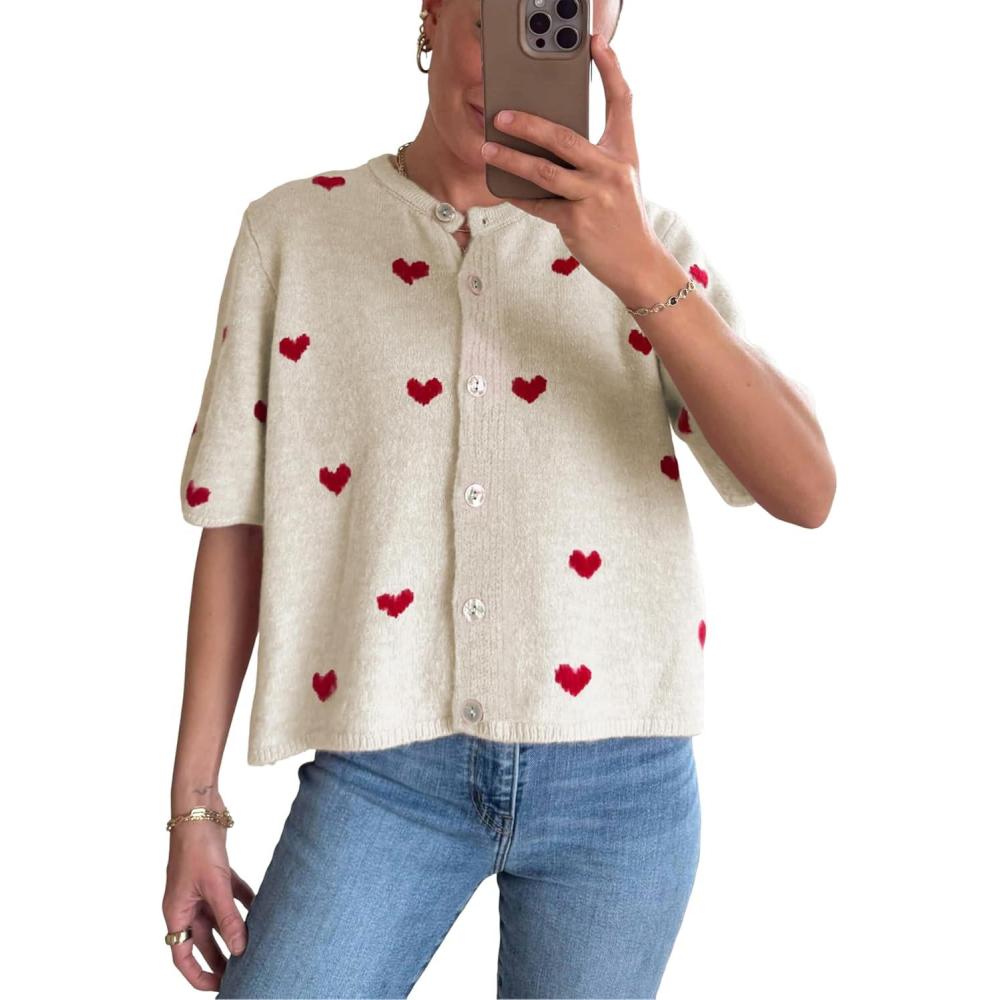 imageSpringrain Womens Lightweight Short Sleeve Cardigan Button down Cropped Cute Heart Sweaters KnitwearApricot