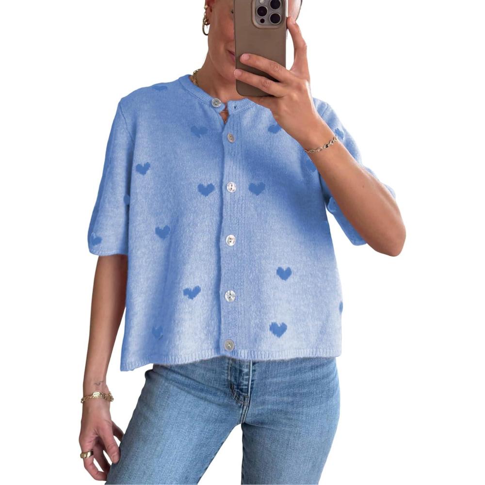 imageSpringrain Womens Lightweight Short Sleeve Cardigan Button down Cropped Cute Heart Sweaters KnitwearBlue