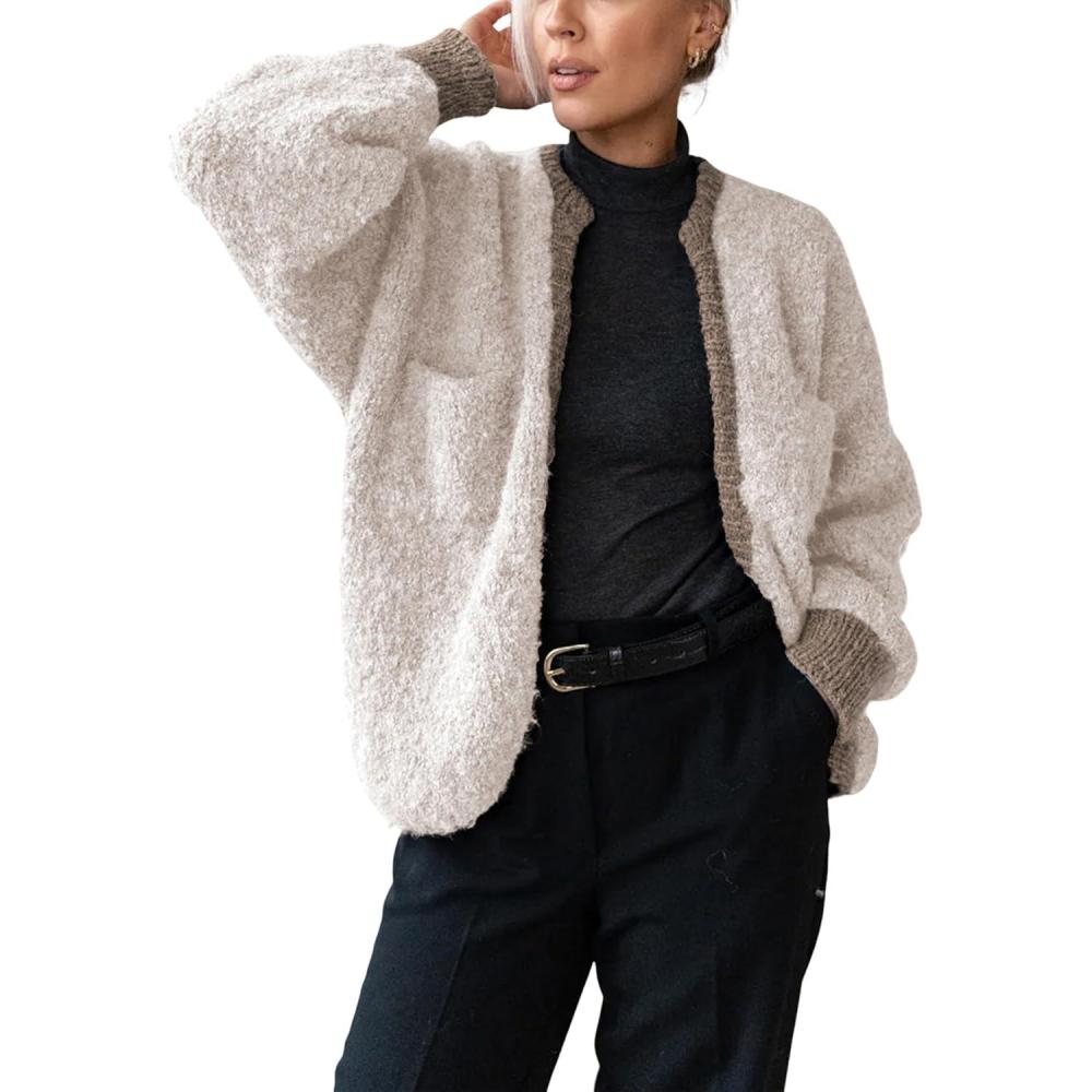 imageSpringrain Womens Open Front Cardigan Color Block Long Sleeve Chunky Cardigan Loose Knit Sweaters OutwearBeige