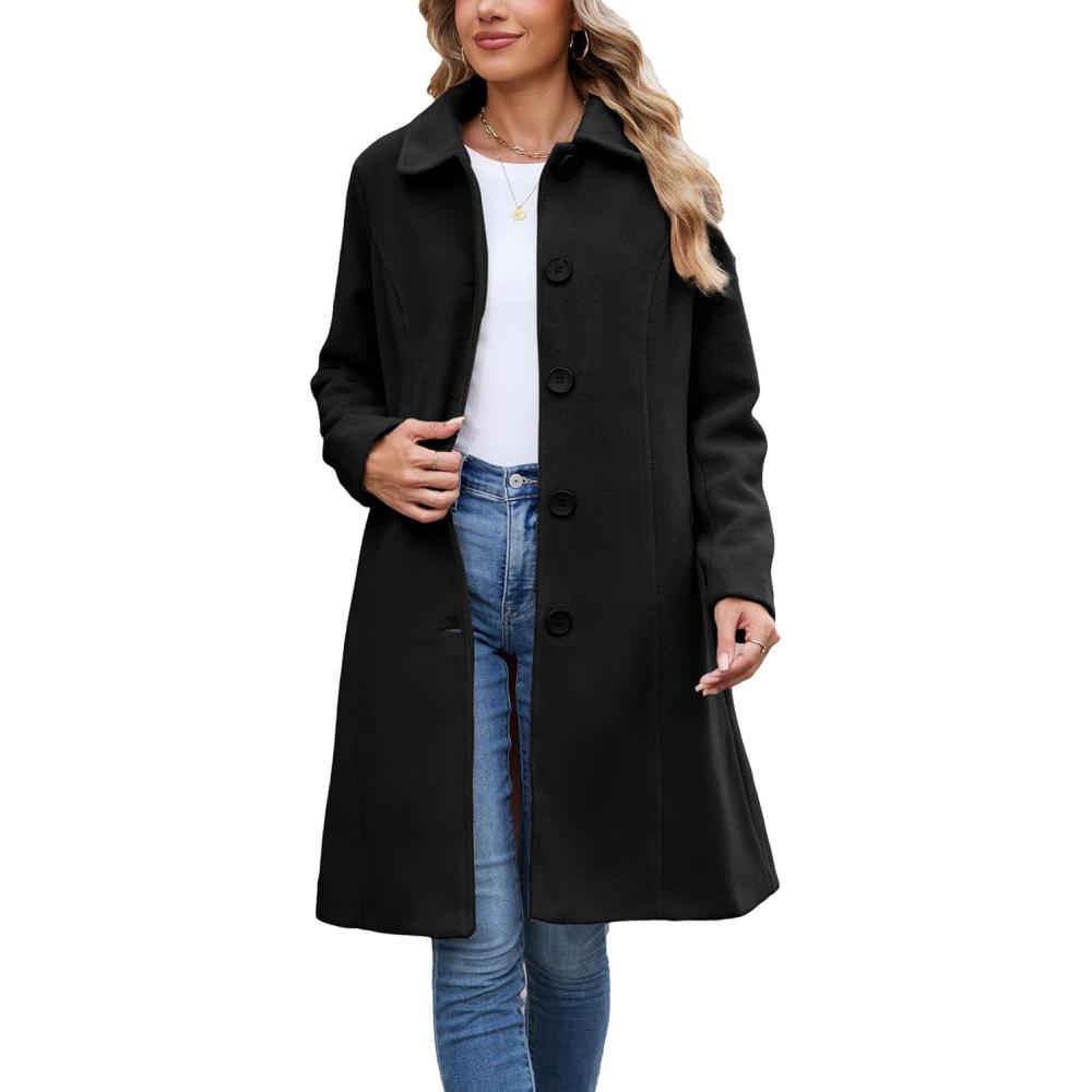 imageSpringrain Womens Pea Coat Elegant Overcoat Single Breasted Winter Coat Dress Coat with PocketsBlack
