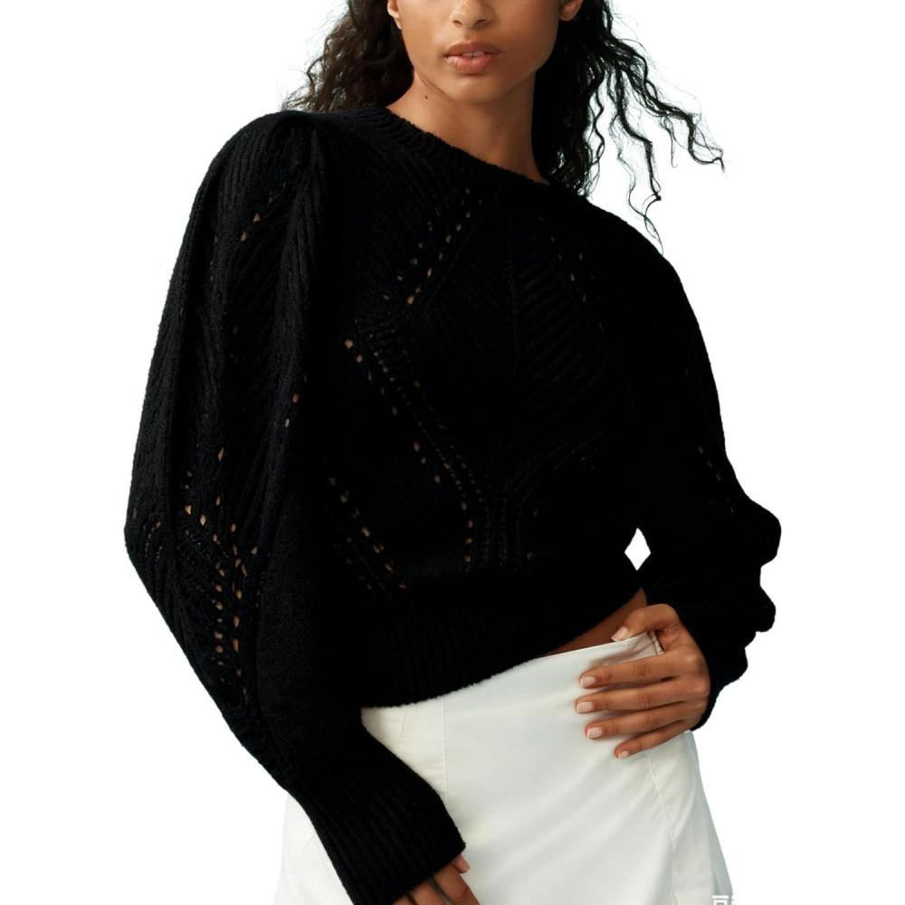imageSpringrain Womens Puff Long Sleeve Sweater Scalloped Collar Solid Casual Knit Pullover Sweater TopsBlack