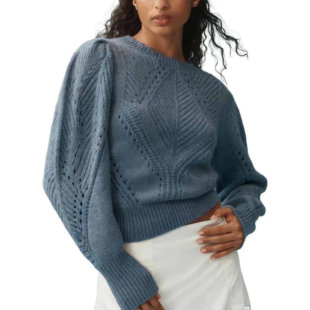 imageSpringrain Womens Puff Long Sleeve Sweater Scalloped Collar Solid Casual Knit Pullover Sweater TopsBluegrey