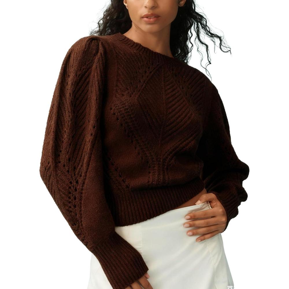 imageSpringrain Womens Puff Long Sleeve Sweater Scalloped Collar Solid Casual Knit Pullover Sweater TopsCoffee
