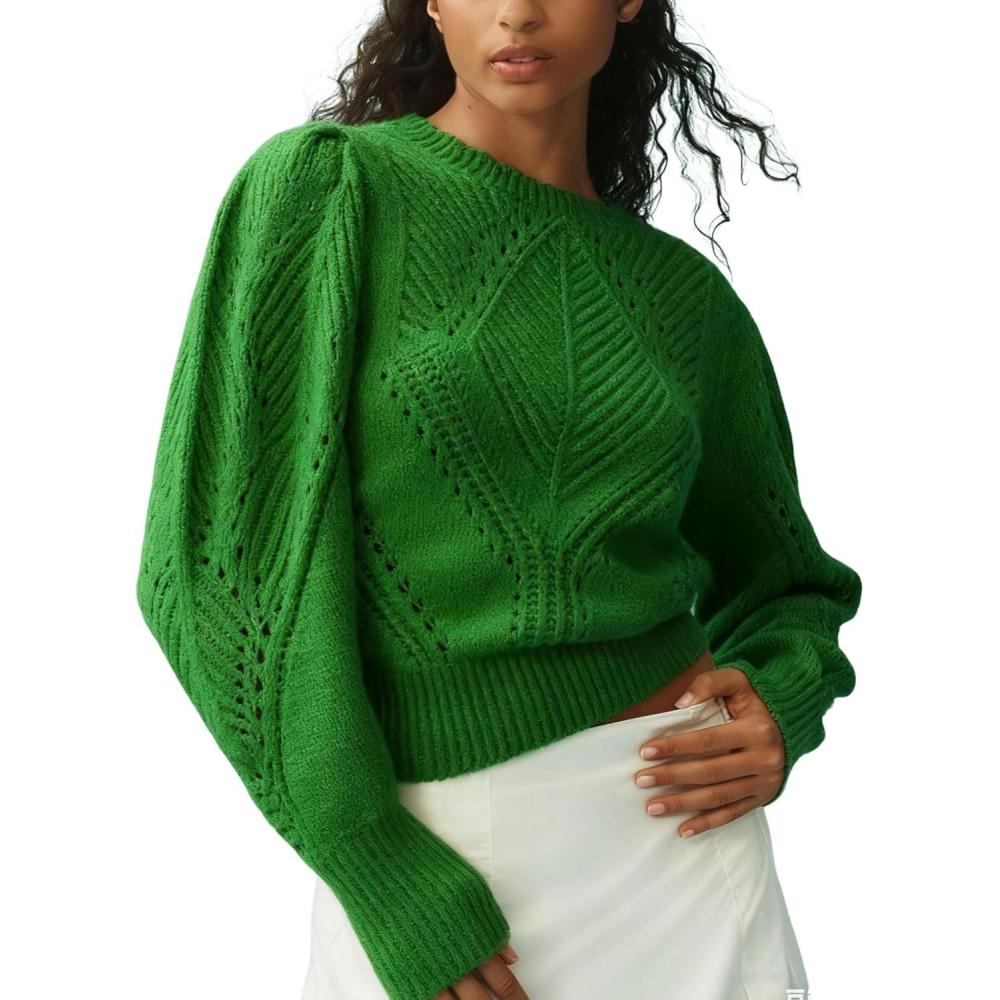 imageSpringrain Womens Puff Long Sleeve Sweater Scalloped Collar Solid Casual Knit Pullover Sweater TopsGreen