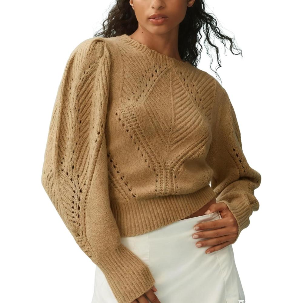 imageSpringrain Womens Puff Long Sleeve Sweater Scalloped Collar Solid Casual Knit Pullover Sweater TopsKhaki